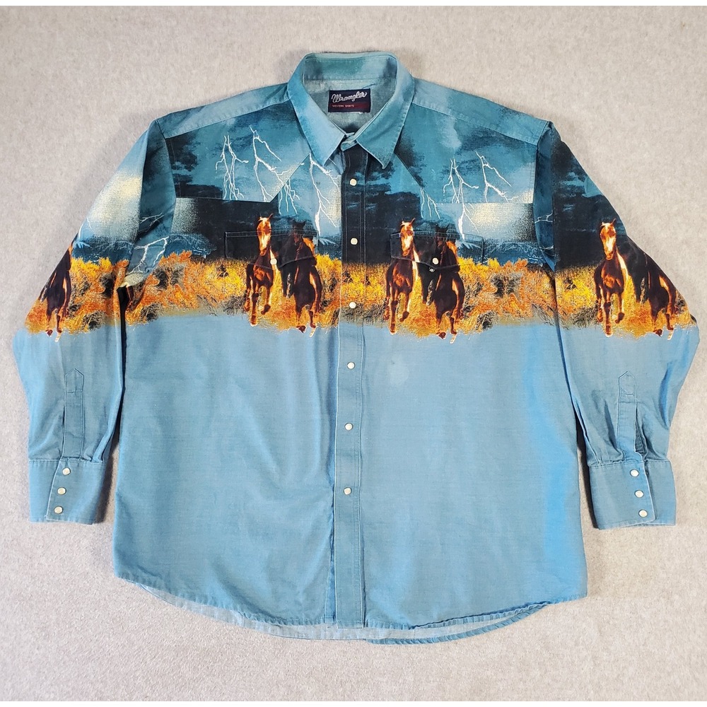 Vintage Wrangler Shirt Mens 3XL Blue Horses Wraparound Western Pearl Snap Storm